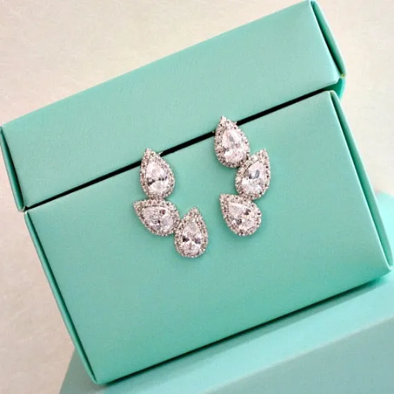 Art Deco Triple Cubic Zirconia Teardrops Bridal Stud Earrings, Asymmetrical CZ White Clear Crystal Wedding Earrings, Bridesmaid Earrings