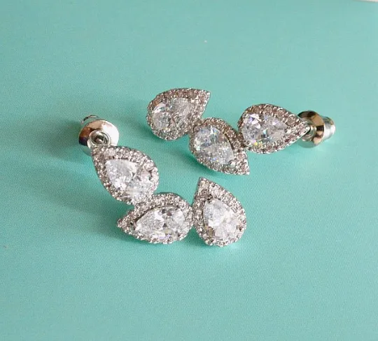 Art Deco Triple Cubic Zirconia Teardrops Bridal Stud Earrings, Asymmetrical CZ White Clear Crystal Wedding Earrings, Bridesmaid Earrings