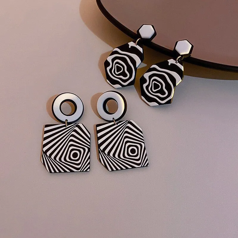 Artistic and Hypnotic Black And White Geometric Drop Earrings