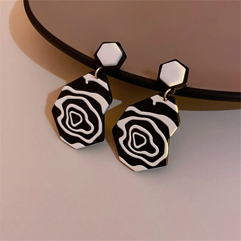 Artistic and Hypnotic Black And White Geometric Drop Earrings