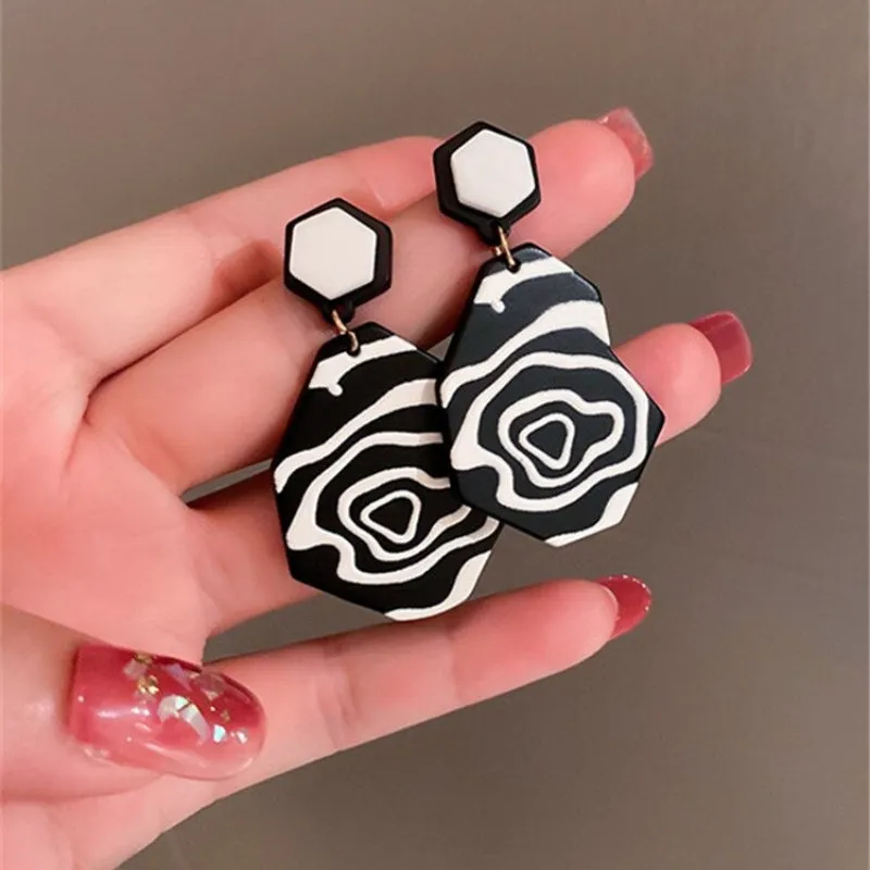 Artistic and Hypnotic Black And White Geometric Drop Earrings