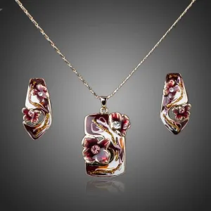 Artistic Blood Red Flower Stud Earrings & Necklace Set