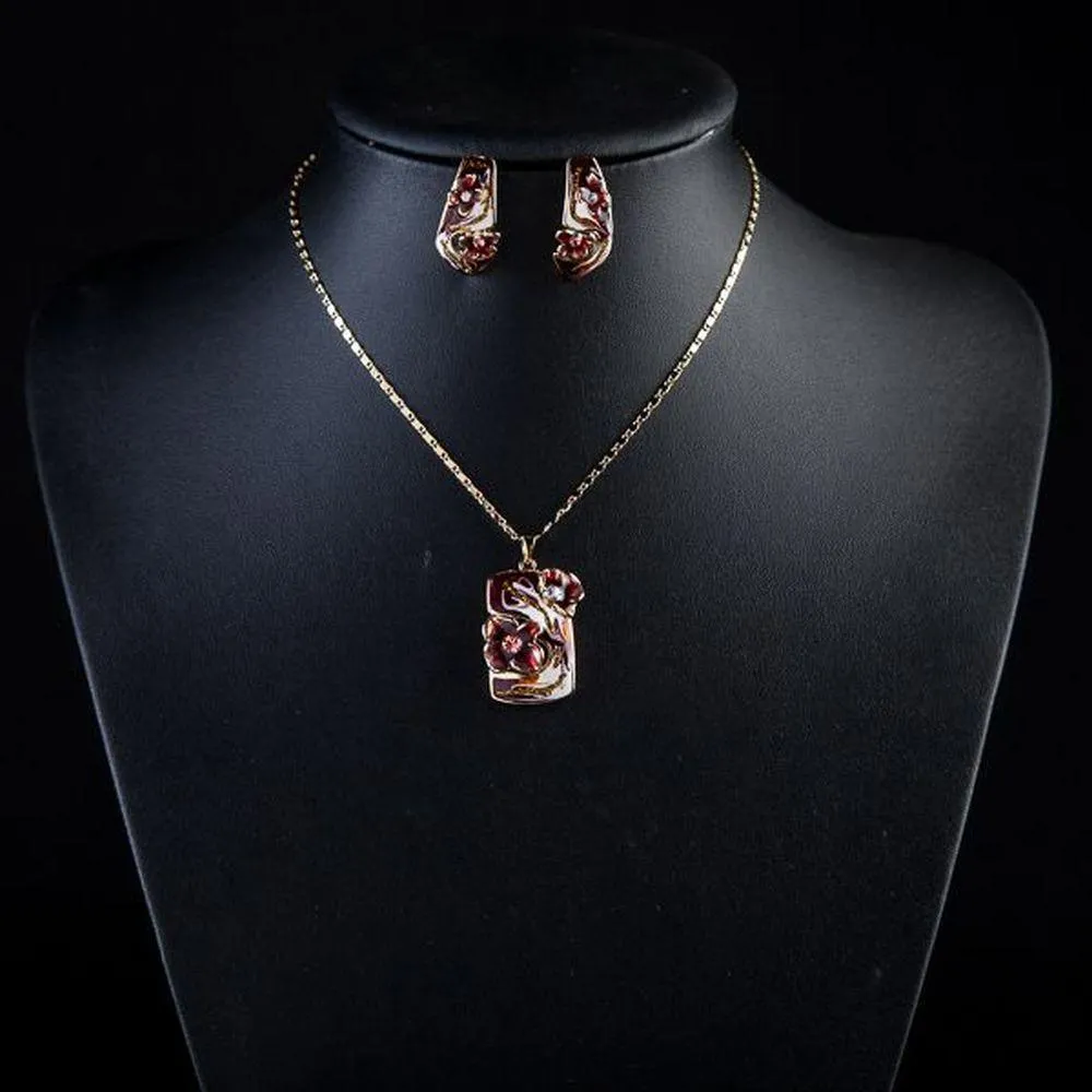 Artistic Blood Red Flower Stud Earrings & Necklace Set