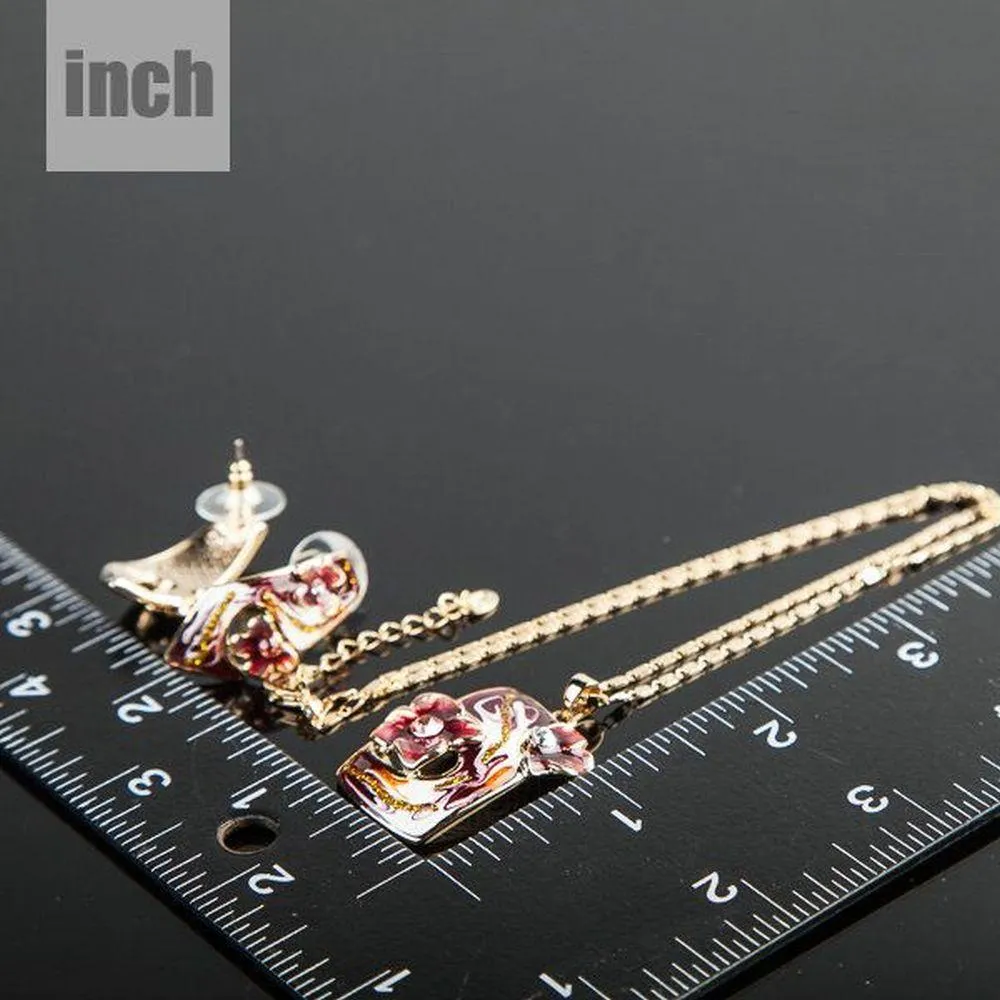 Artistic Blood Red Flower Stud Earrings & Necklace Set