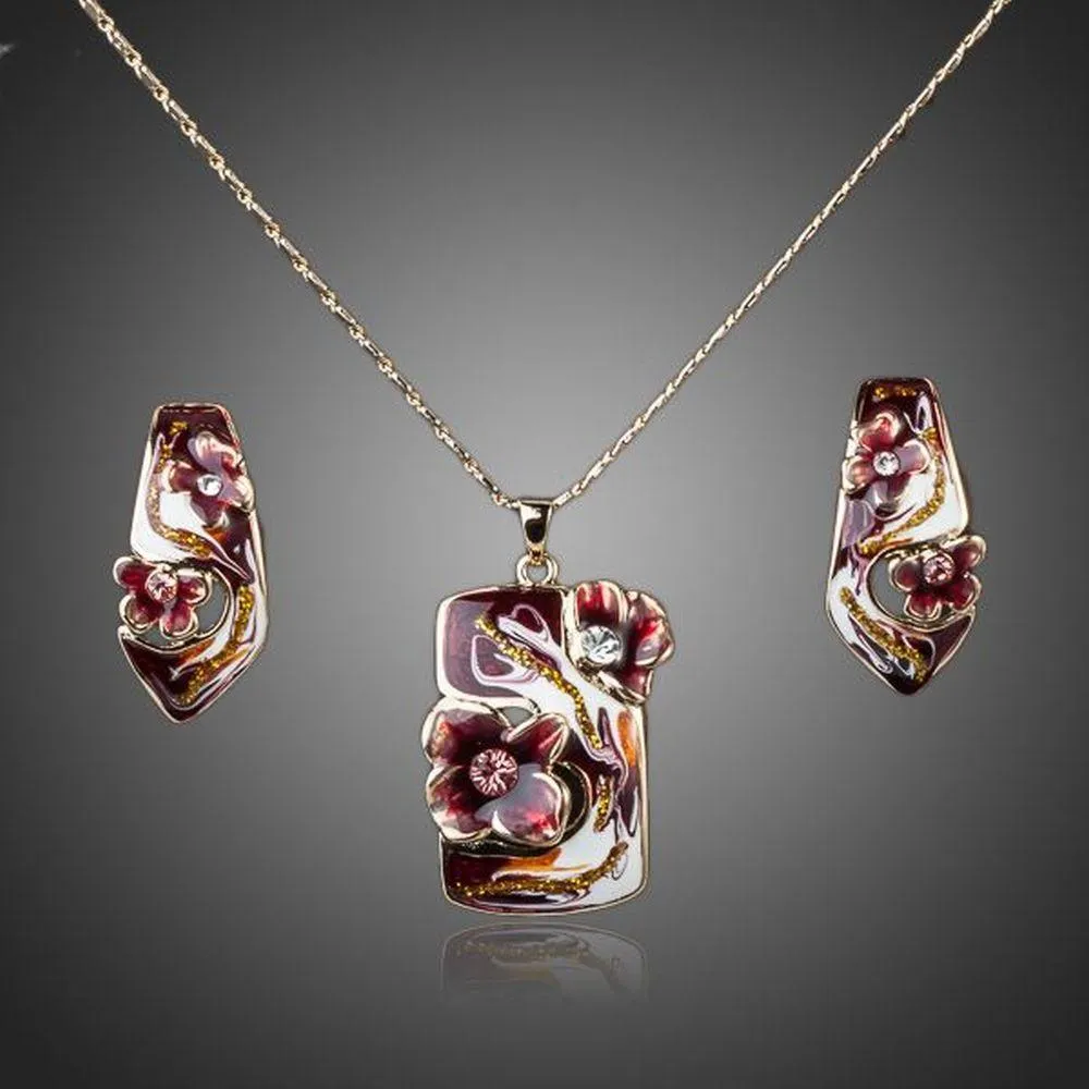 Artistic Blood Red Flower Stud Earrings & Necklace Set
