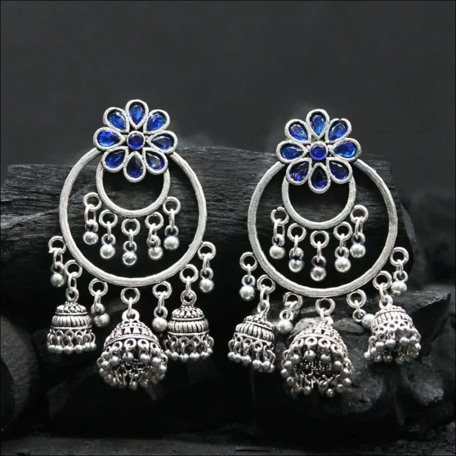 Arunakara Silver Oxidized Royal Blue Tri Jhumkis