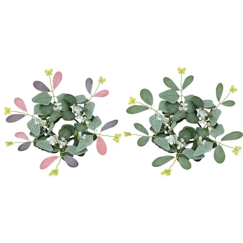 ATORSE® Candle Rings Desktop Eucalyptus Wreath for Front Door Dining Room Restaurant Double Color
