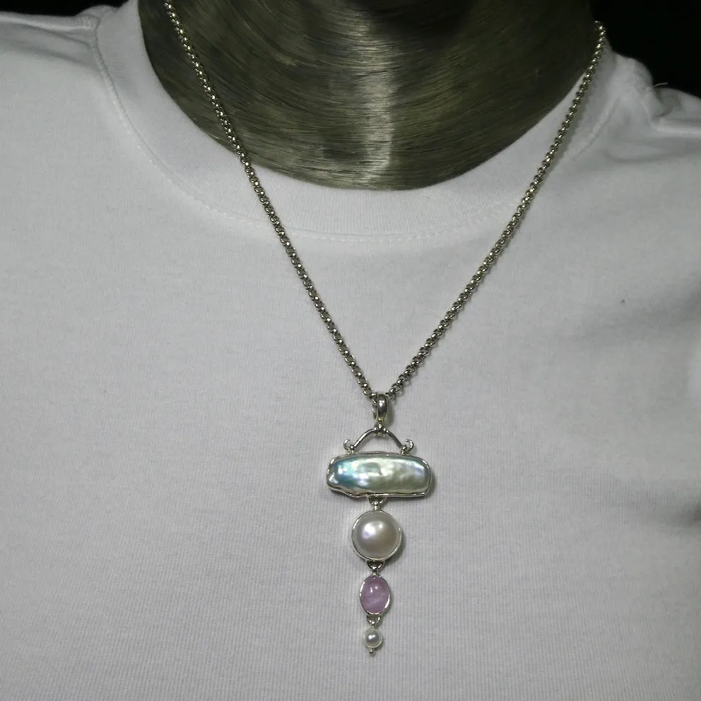 Baroque and Mabe Pearl Pendant with Kunzite, 925 Sterling Silver