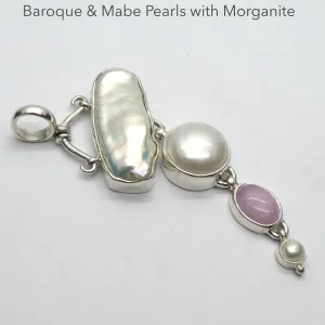 Baroque and Mabe Pearl Pendant with Kunzite, 925 Sterling Silver