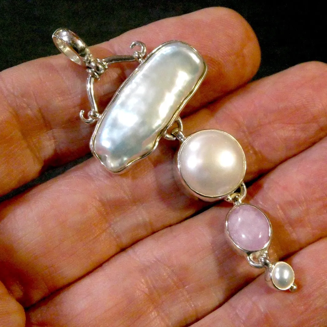 Baroque and Mabe Pearl Pendant with Kunzite, 925 Sterling Silver