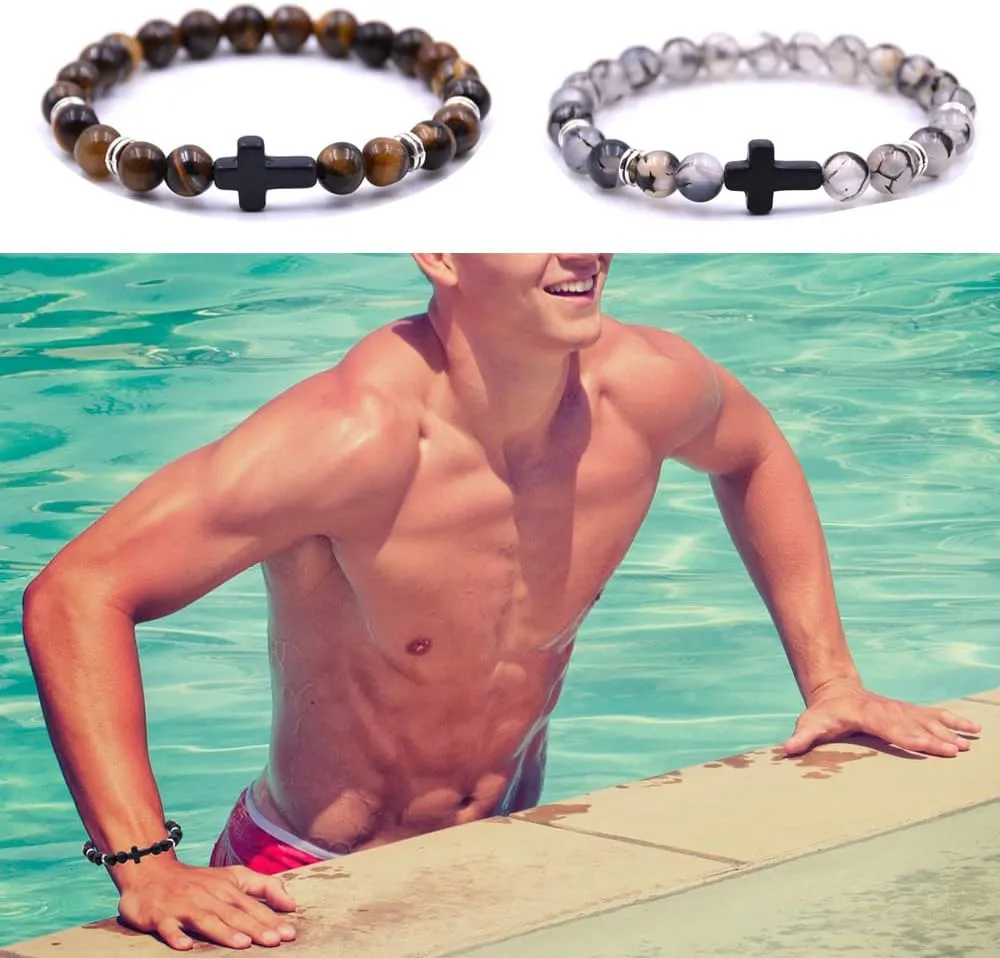 Beaded Bracelets Cross Bracelet for Women Men Lava Rock Turquoise Tiger Eye Natural Bracelet Anxiety Healing
