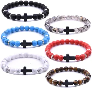 Beaded Bracelets Cross Bracelet for Women Men Lava Rock Turquoise Tiger Eye Natural Bracelet Anxiety Healing