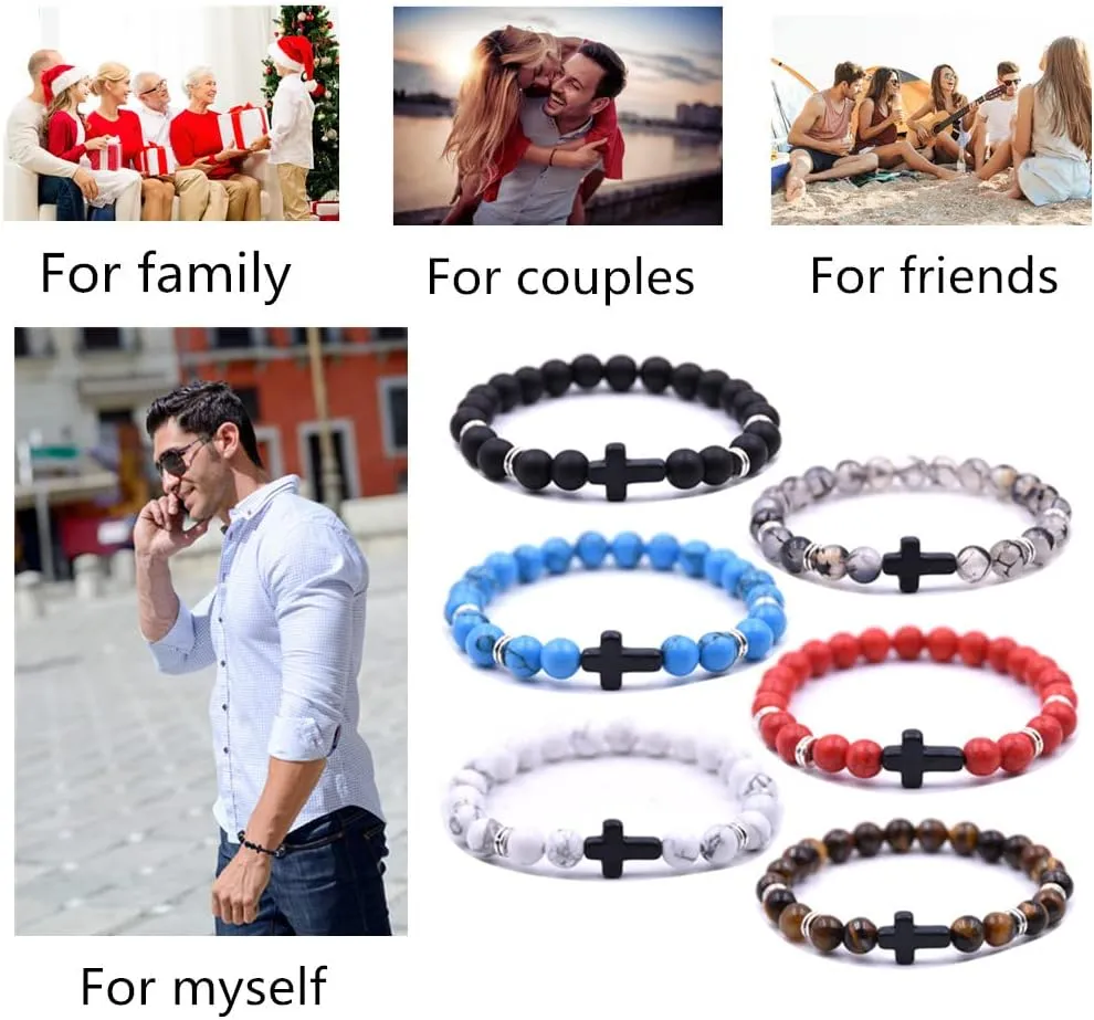 Beaded Bracelets Cross Bracelet for Women Men Lava Rock Turquoise Tiger Eye Natural Bracelet Anxiety Healing