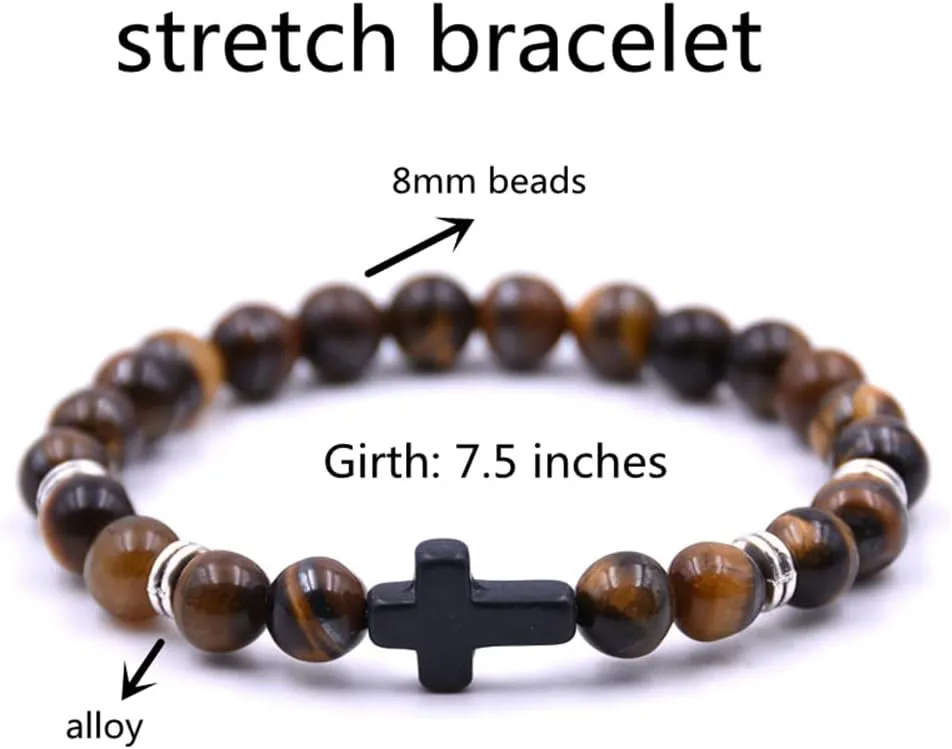 Beaded Bracelets Cross Bracelet for Women Men Lava Rock Turquoise Tiger Eye Natural Bracelet Anxiety Healing