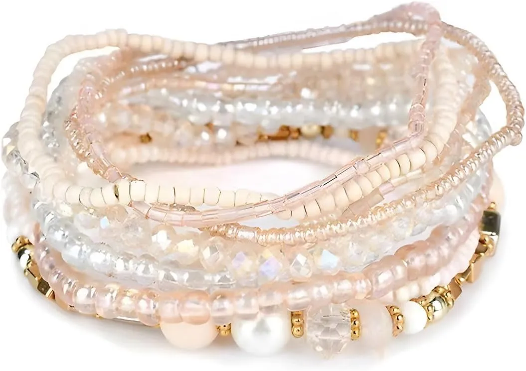 Beaded Bracelets for Women Stackable Bead Summer Rainbow Stack Boho Stetch Handmade Crystal Elastic Colorful Small Beaded Bulk Bracelets Womens Beaded Bracelet Jewelry Gift