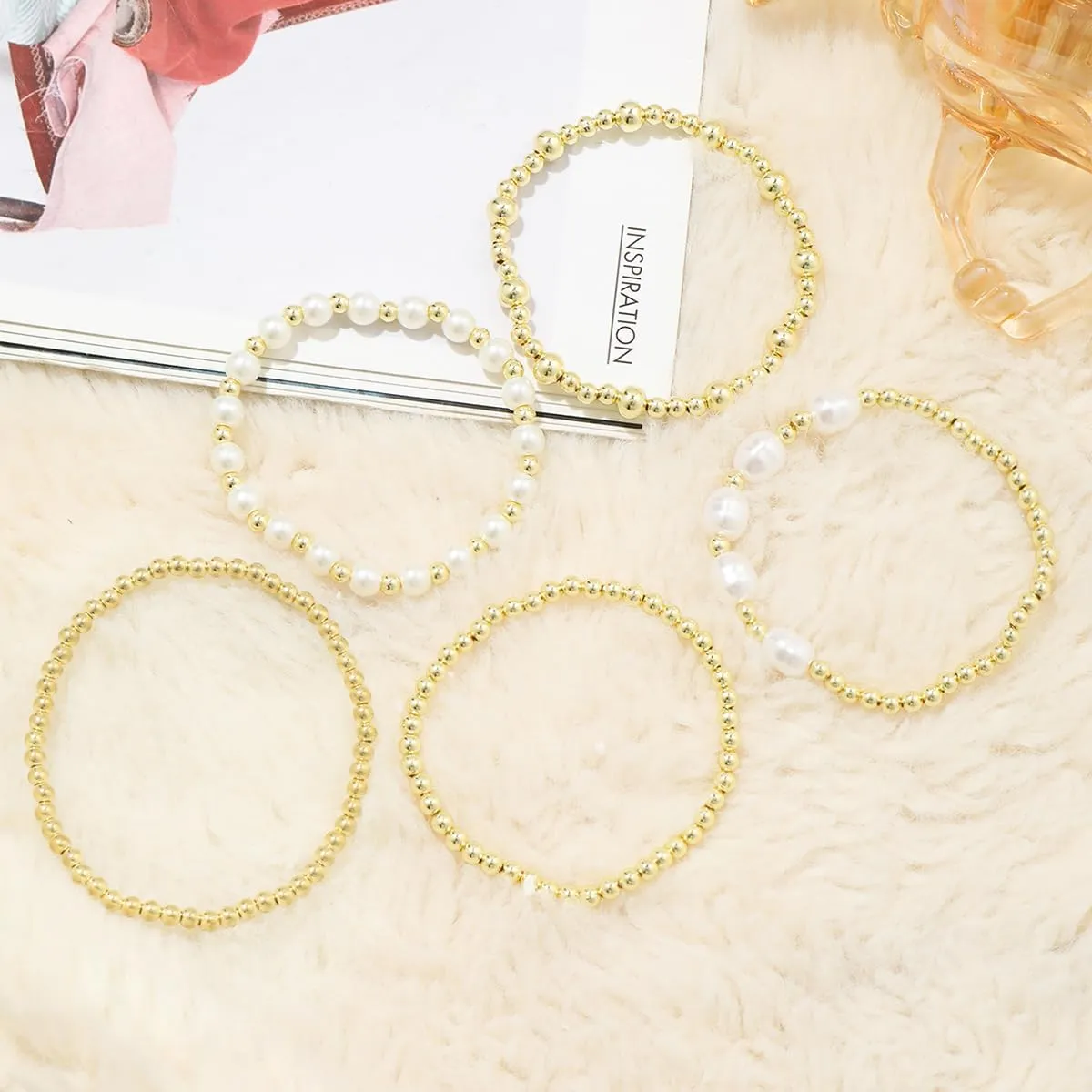 Beaded Bracelets for Women,Stackable Bracelets,14K Gold Plated Stretch Bead Ball Bracelet Set Jewelry Gifts for Women Teen Girls