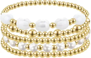 Beaded Bracelets for Women,Stackable Bracelets,14K Gold Plated Stretch Bead Ball Bracelet Set Jewelry Gifts for Women Teen Girls