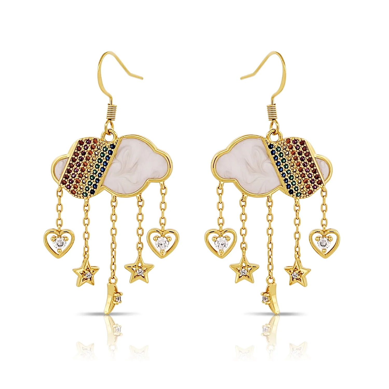 BESHEEK Goldtone Rainbow Micropaved Rhinestone Rain cloud Dangle Earrings | Hypoallergenic Boho Kitchsy Artistic Weather Cute Style Fashion Earrings