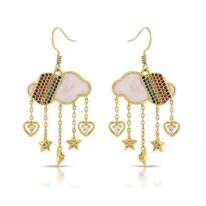BESHEEK Goldtone Rainbow Micropaved Rhinestone Rain cloud Dangle Earrings | Hypoallergenic Boho Kitchsy Artistic Weather Cute Style Fashion Earrings