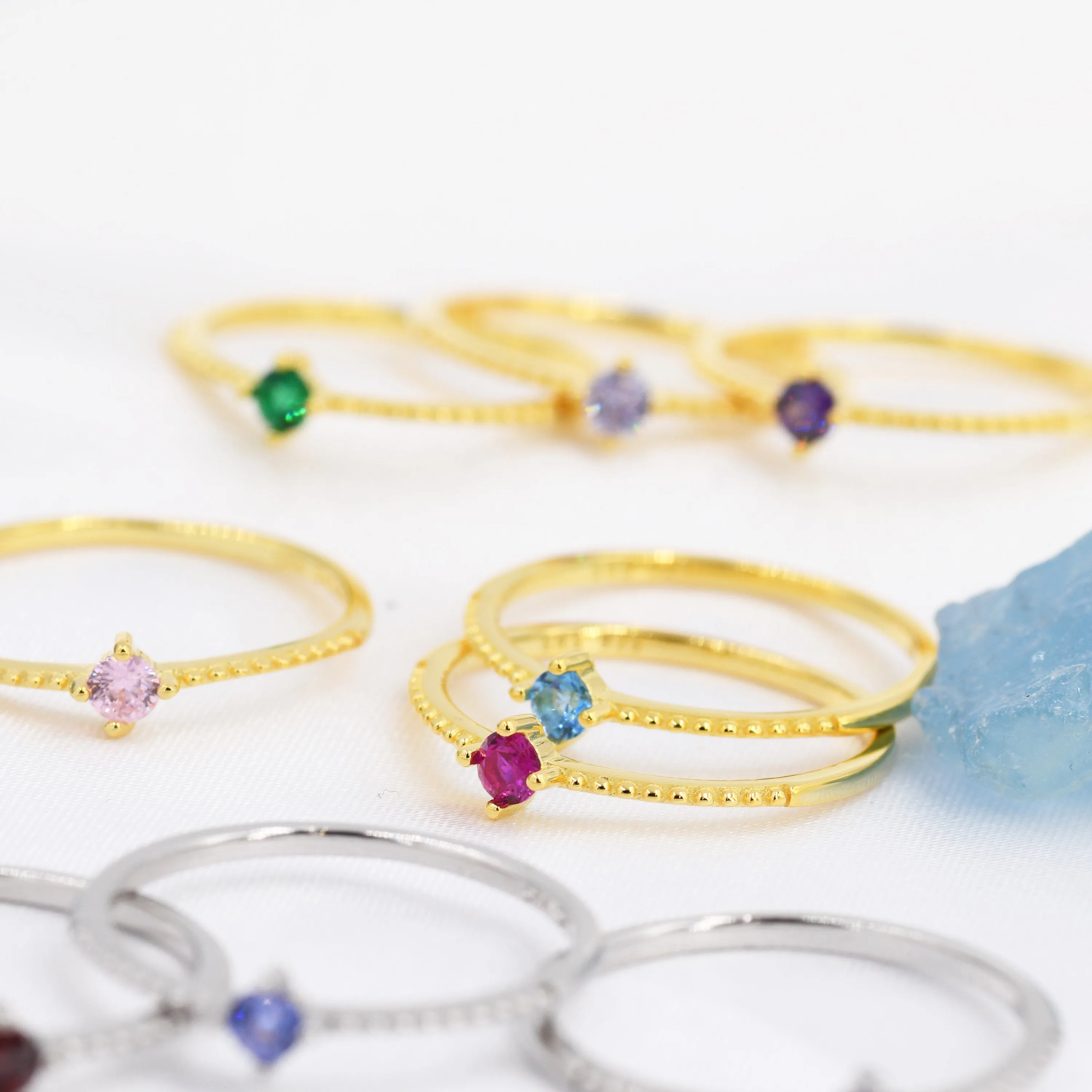 Birthstone CZ Ring in Sterling Silver, Silver or Gold, Delicate Stacking Ring, Nesting Band, Size US 6 - 8