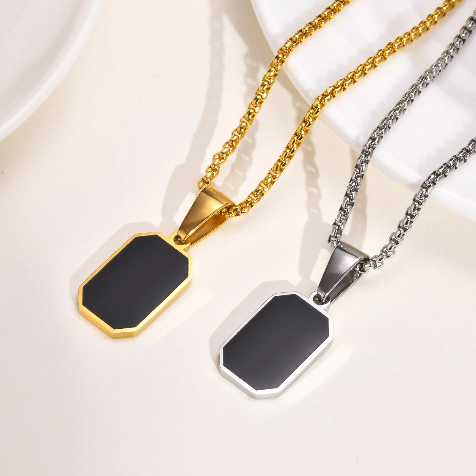 Black Enamel Rectangle Pendant Necklace