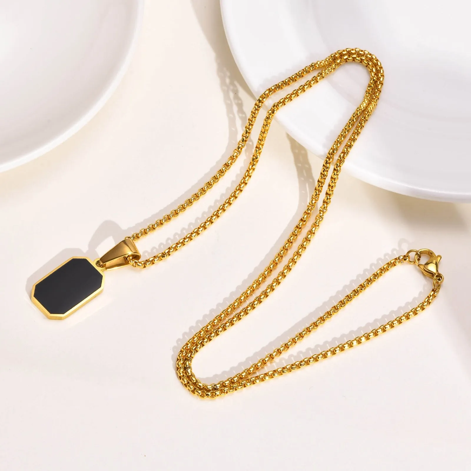 Black Enamel Rectangle Pendant Necklace