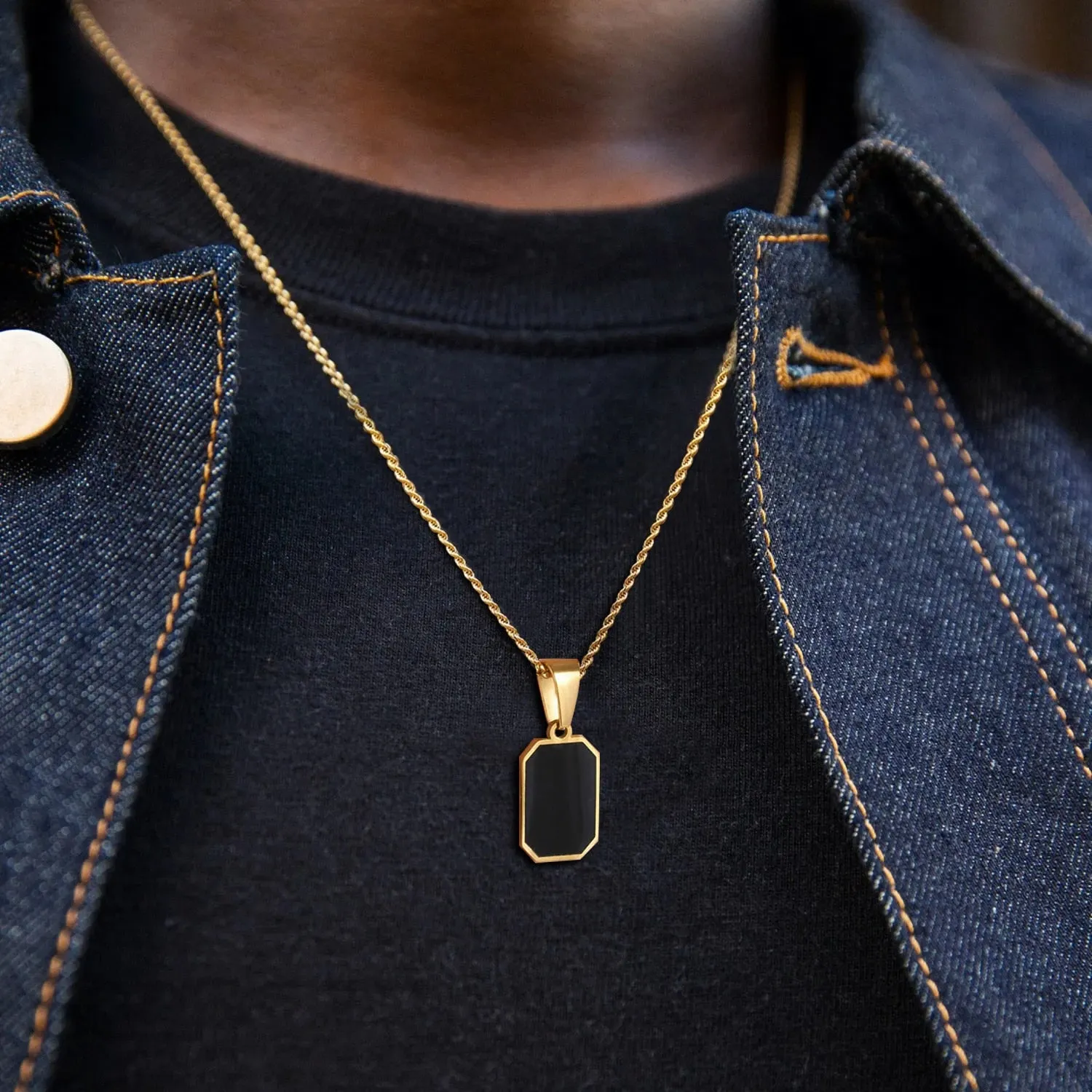Black Enamel Rectangle Pendant Necklace