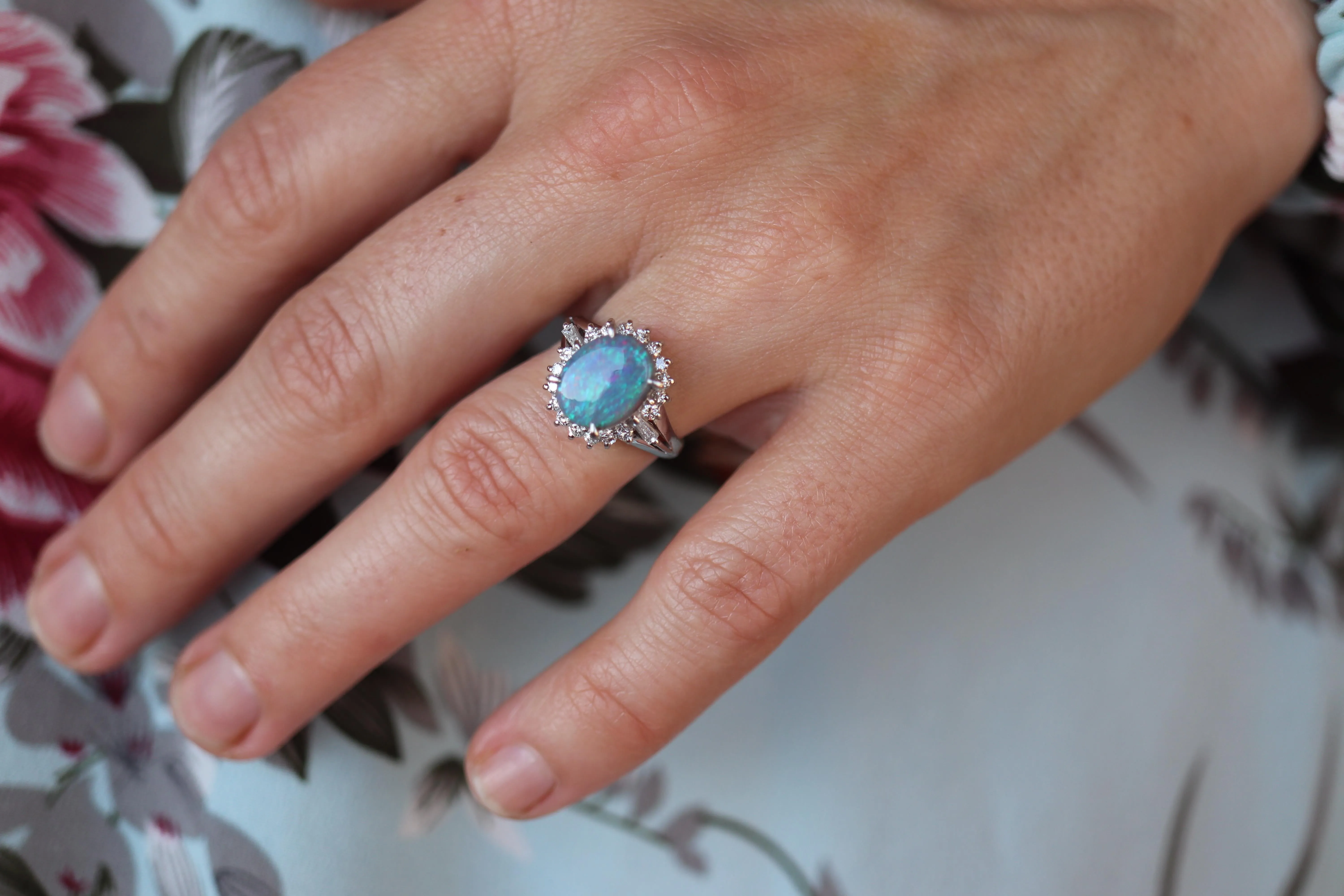Black Opal Diamond Ring. PT900 Platinum Opal Diamond Halo Ballerina Ring Band.