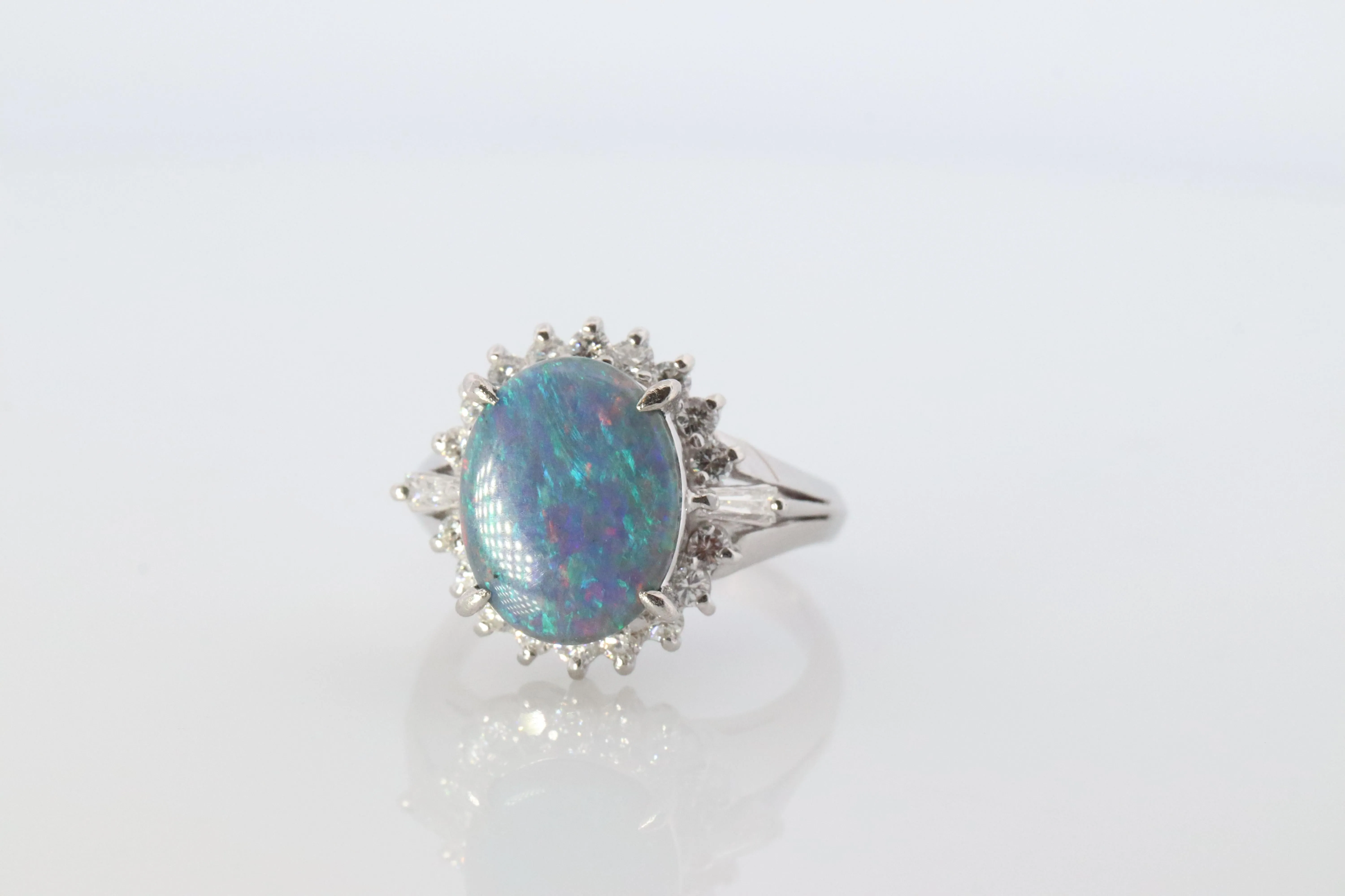 Black Opal Diamond Ring. PT900 Platinum Opal Diamond Halo Ballerina Ring Band.