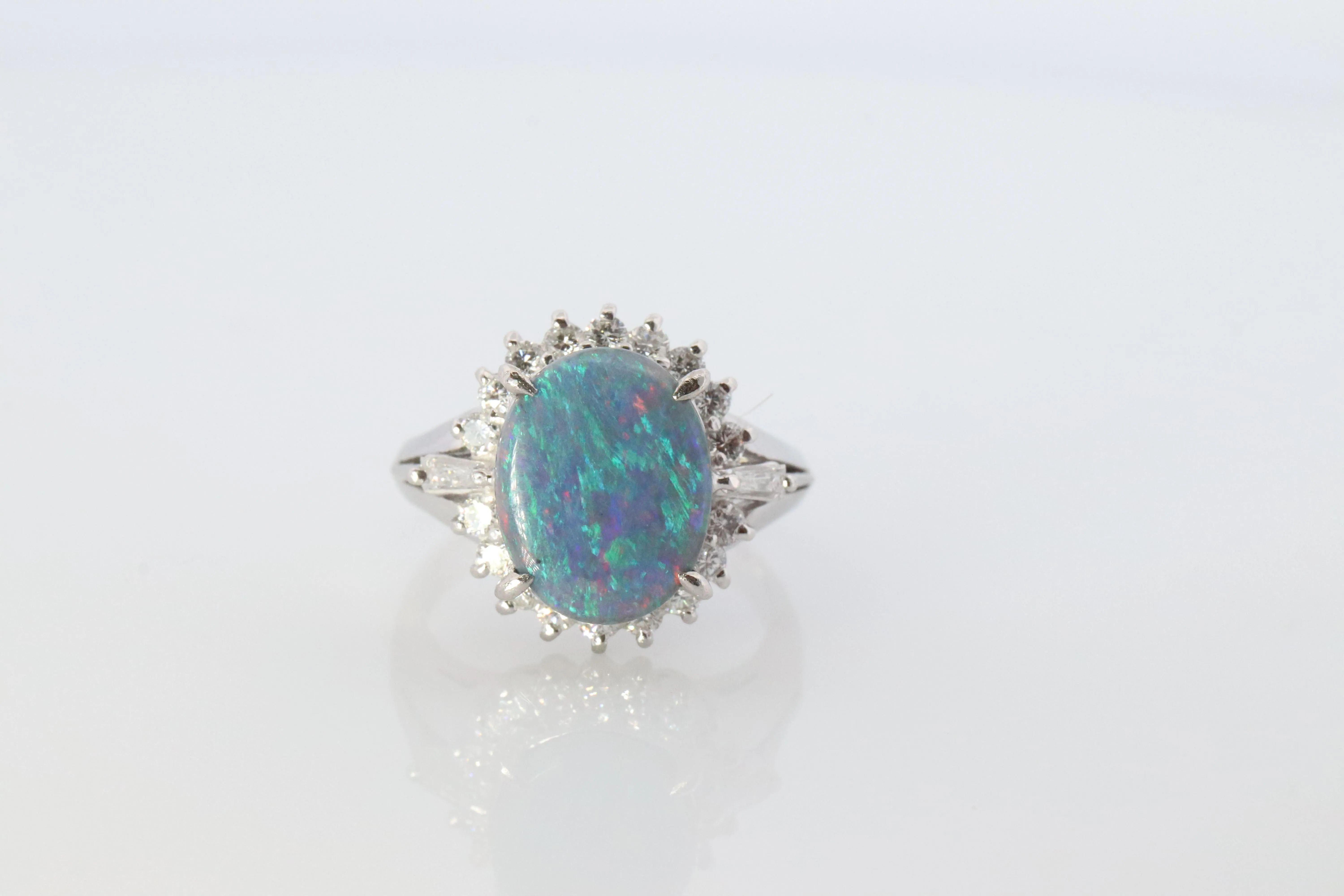 Black Opal Diamond Ring. PT900 Platinum Opal Diamond Halo Ballerina Ring Band.