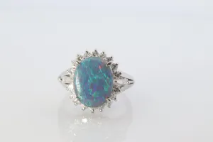 Black Opal Diamond Ring. PT900 Platinum Opal Diamond Halo Ballerina Ring Band.