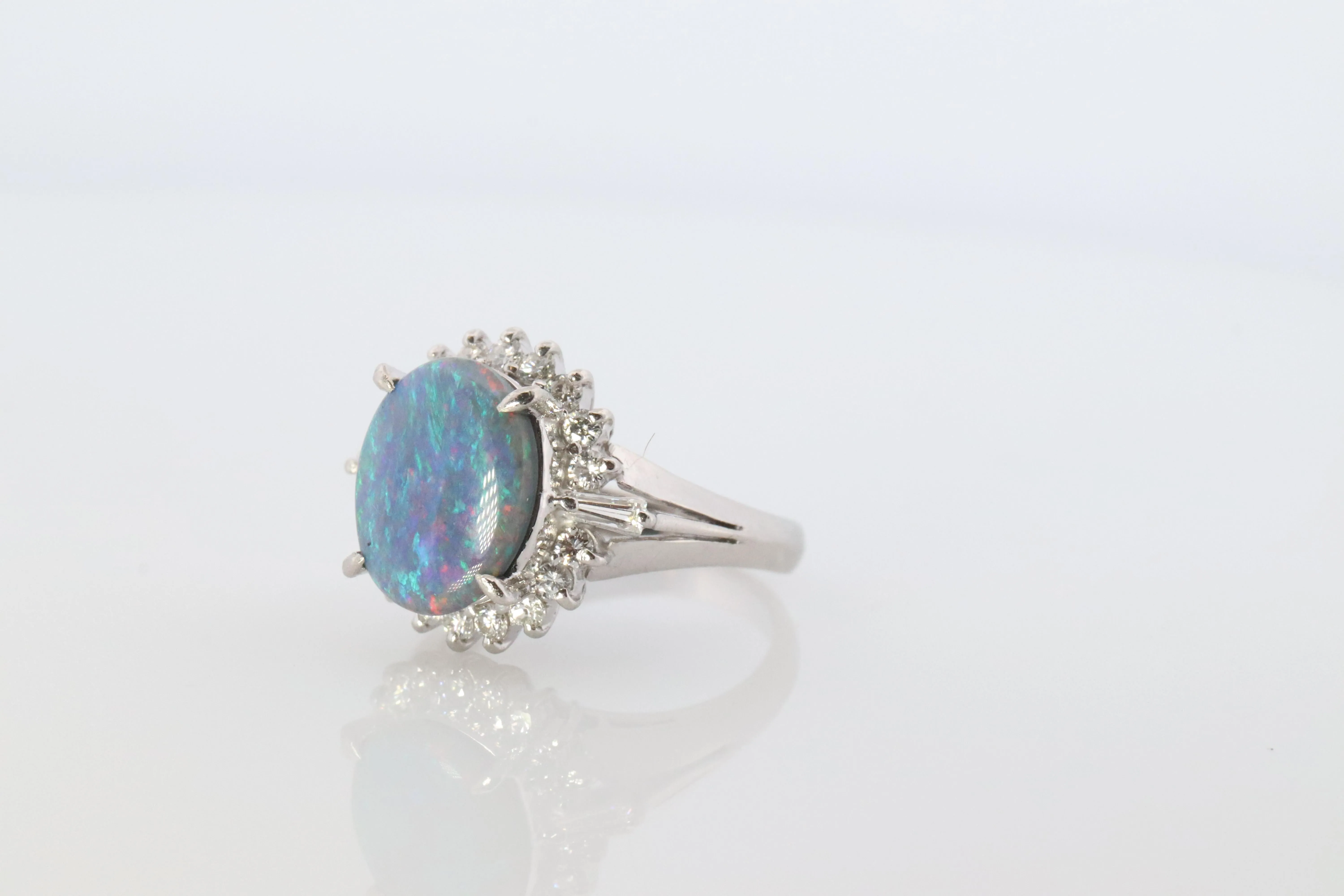 Black Opal Diamond Ring. PT900 Platinum Opal Diamond Halo Ballerina Ring Band.