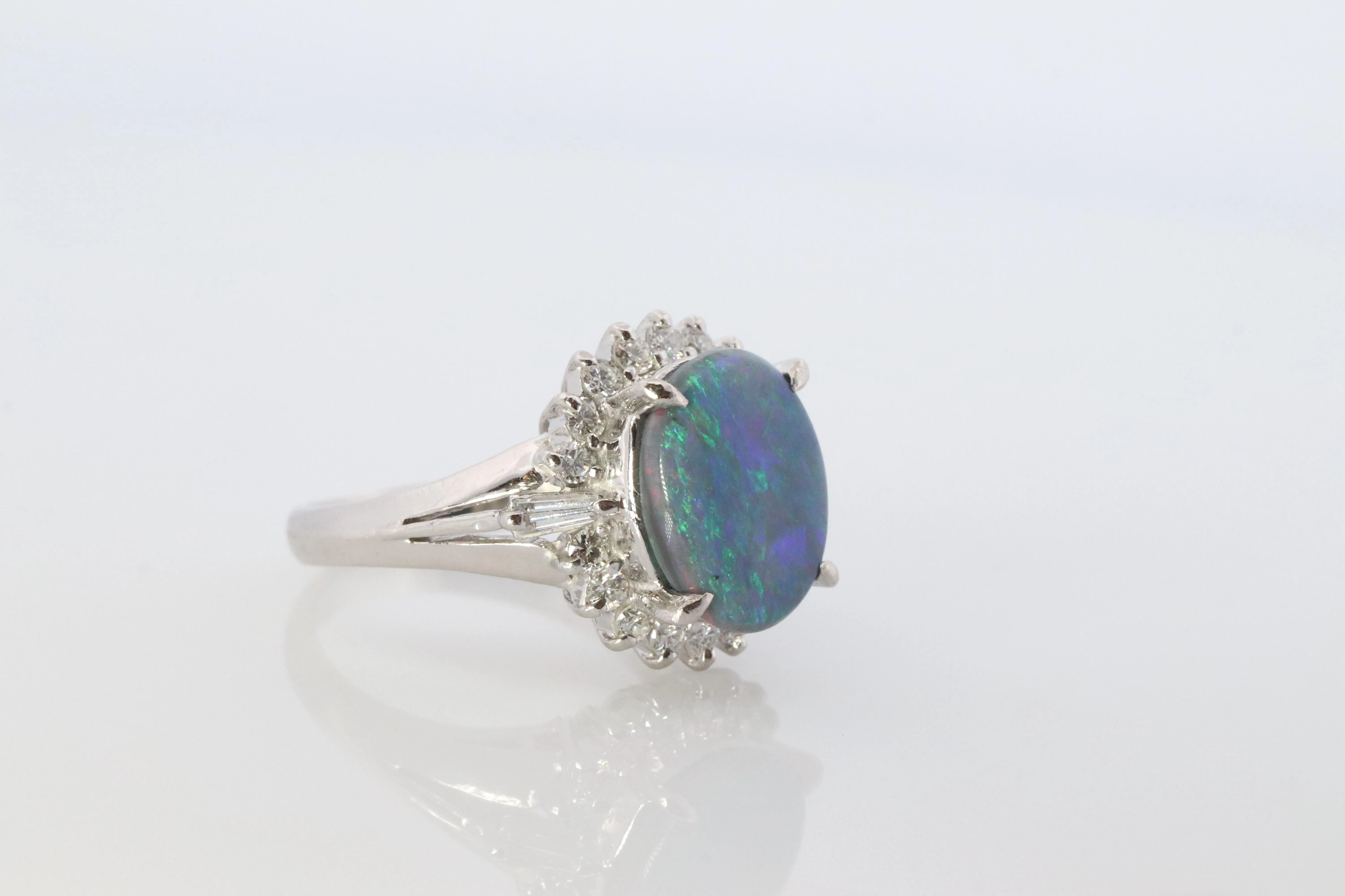 Black Opal Diamond Ring. PT900 Platinum Opal Diamond Halo Ballerina Ring Band.
