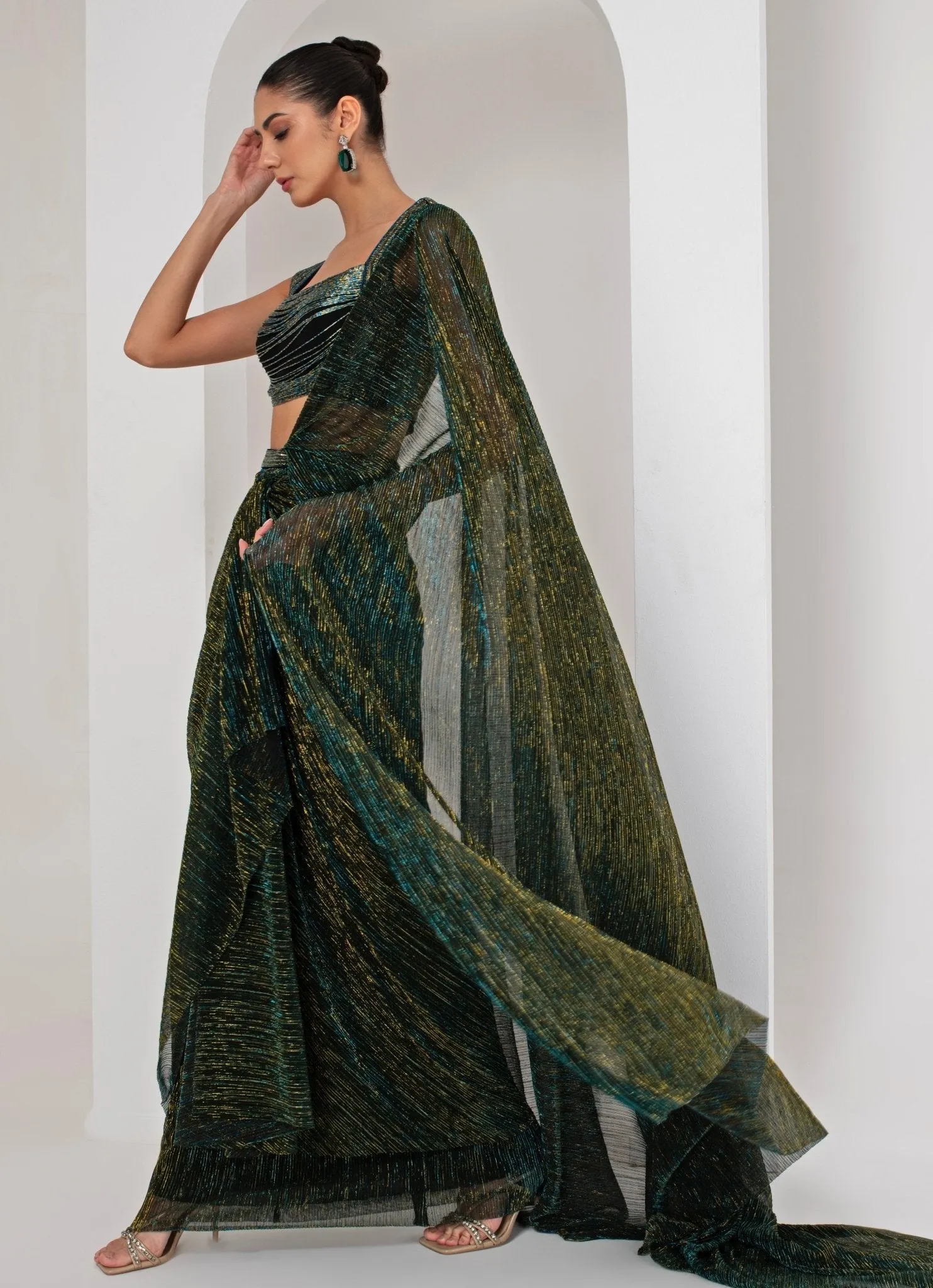 Black Pre-Draped Crepe Saree