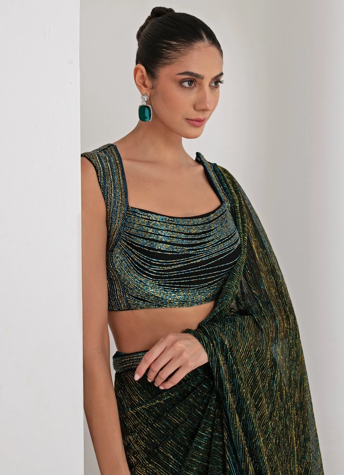 Black Pre-Draped Crepe Saree