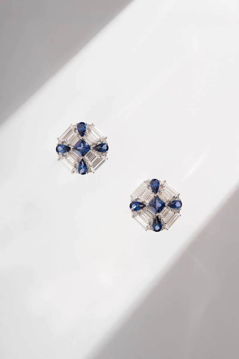 Blue & White Lab Grown Diamond Flower Stud Earrings in Sterling Silver