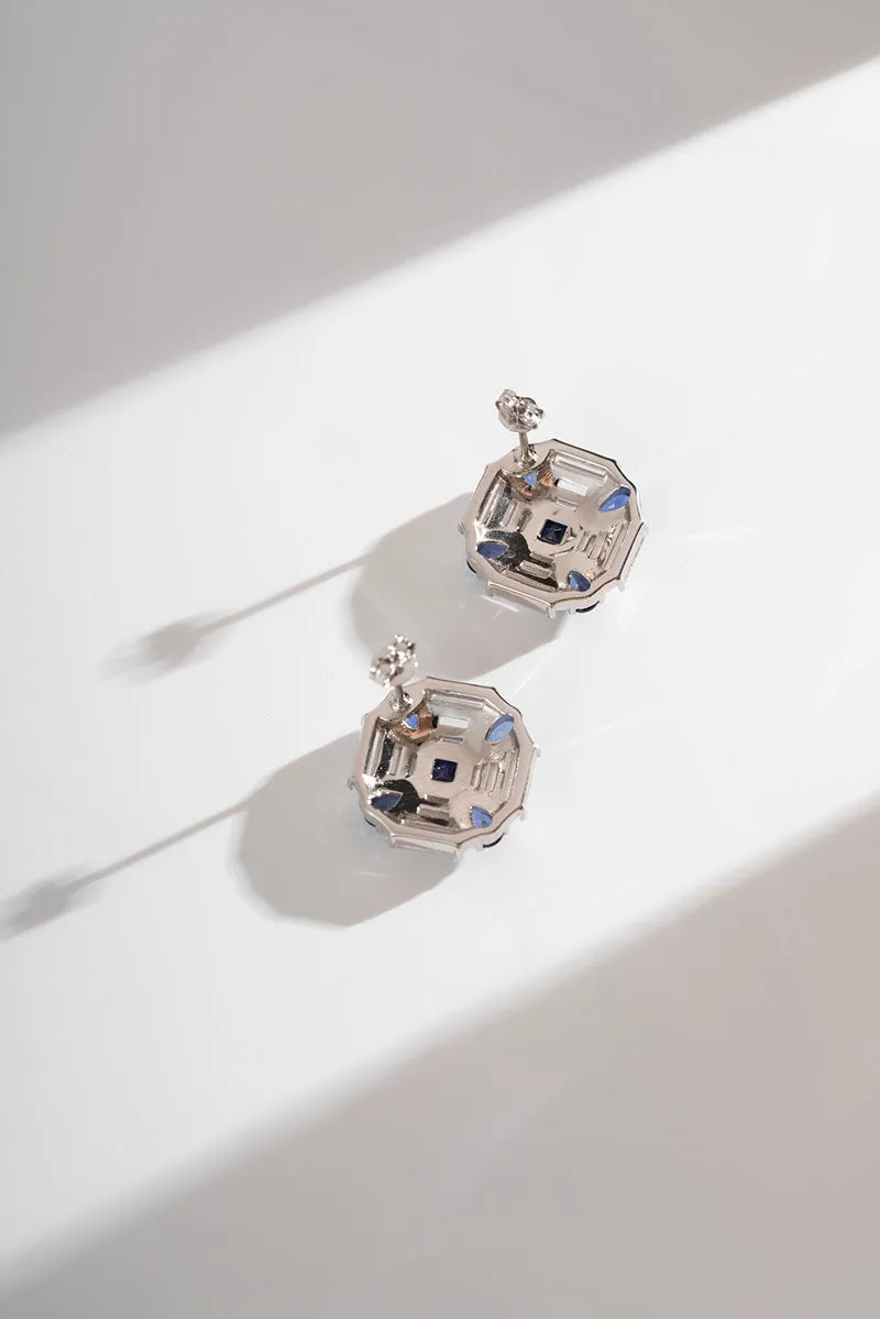 Blue & White Lab Grown Diamond Flower Stud Earrings in Sterling Silver