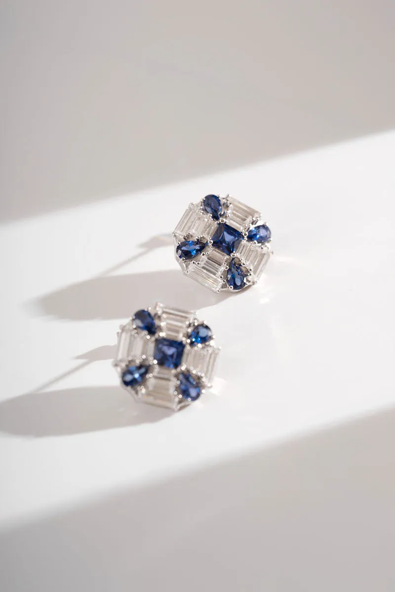 Blue & White Lab Grown Diamond Flower Stud Earrings in Sterling Silver