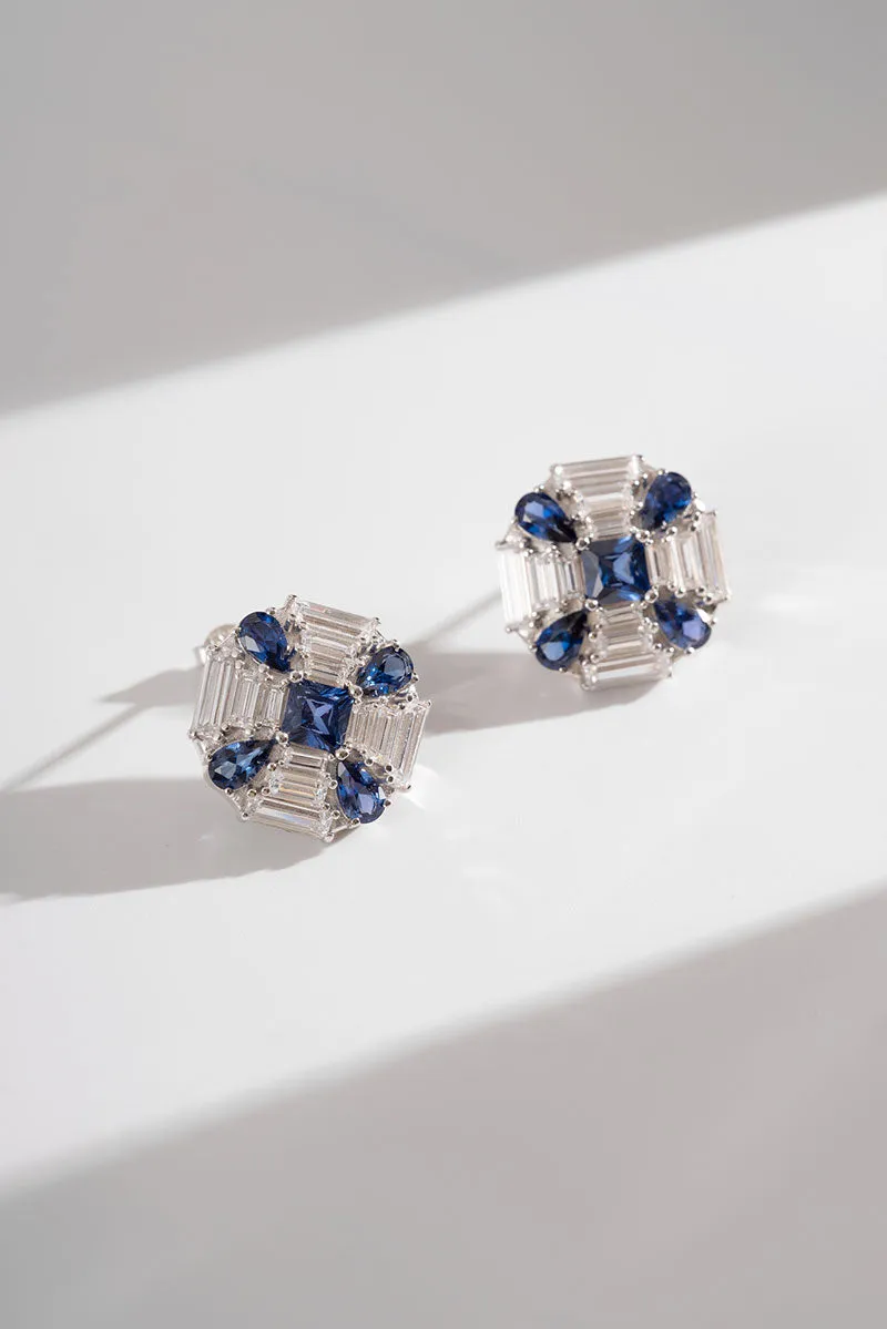Blue & White Lab Grown Diamond Flower Stud Earrings in Sterling Silver