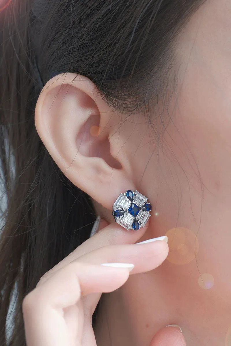 Blue & White Lab Grown Diamond Flower Stud Earrings in Sterling Silver