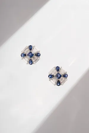 Blue & White Lab Grown Diamond Flower Stud Earrings in Sterling Silver