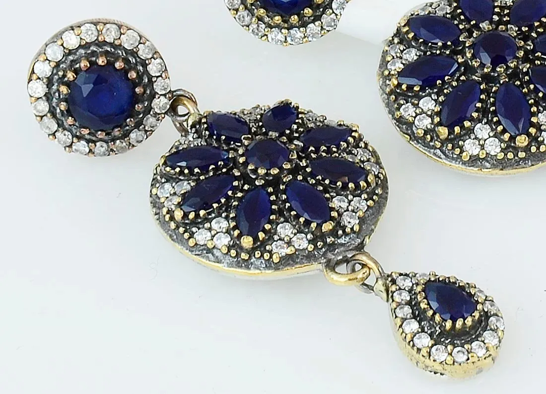 Blue Sapphire Earrings 925 Sterling Silver Drop Vintage Chandelier Handcrafted