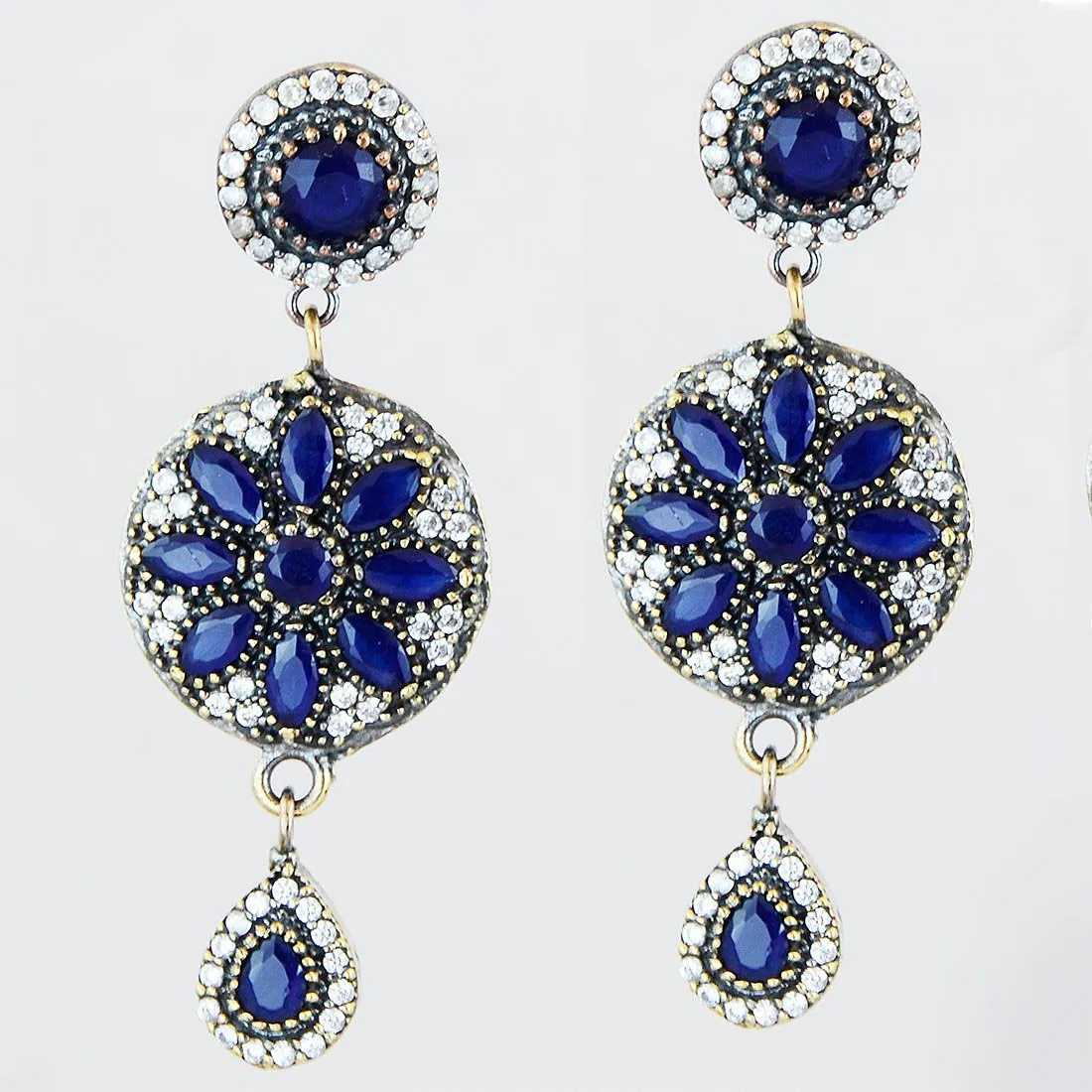 Blue Sapphire Earrings 925 Sterling Silver Drop Vintage Chandelier Handcrafted