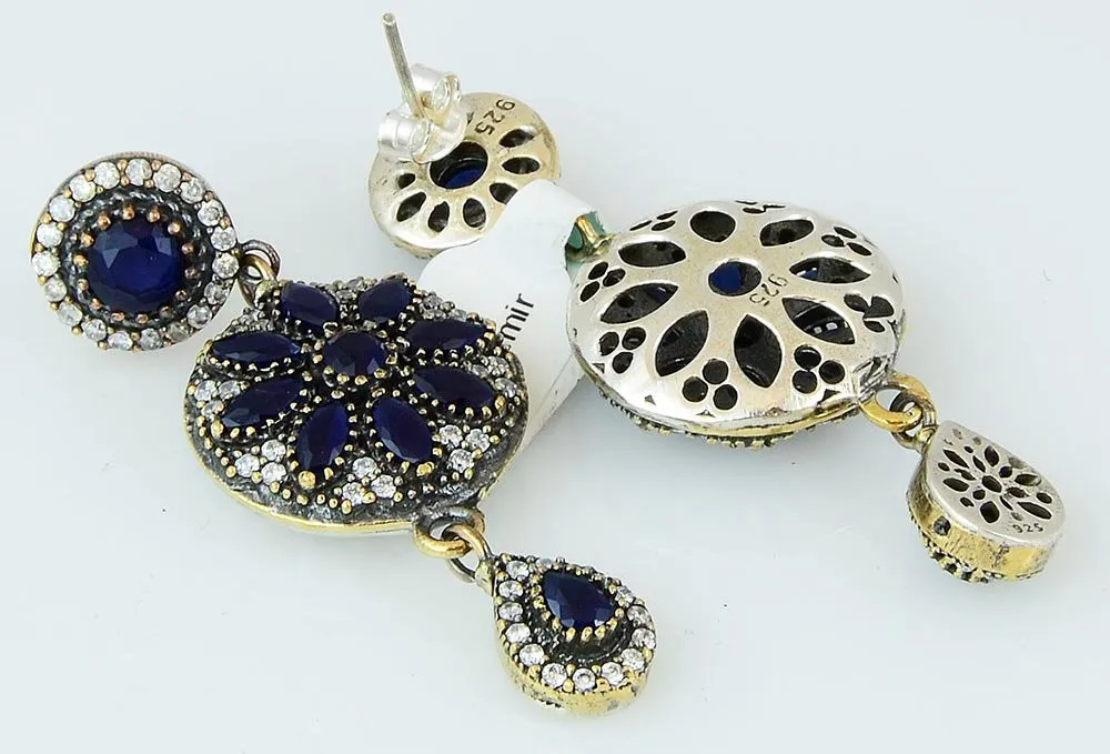 Blue Sapphire Earrings 925 Sterling Silver Drop Vintage Chandelier Handcrafted