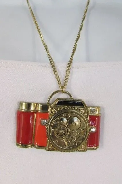 Brown Red Orange Long Rusty Gold Collector Camera Old Fashion Necklace