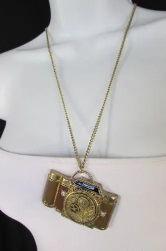 Brown Red Orange Long Rusty Gold Collector Camera Old Fashion Necklace