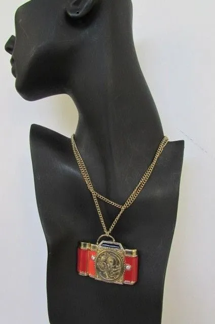 Brown Red Orange Long Rusty Gold Collector Camera Old Fashion Necklace