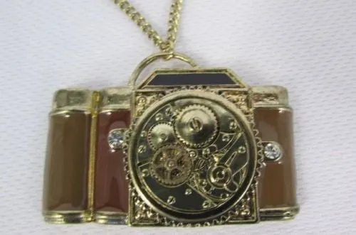 Brown Red Orange Long Rusty Gold Collector Camera Old Fashion Necklace