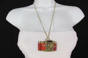 Brown Red Orange Long Rusty Gold Collector Camera Old Fashion Necklace