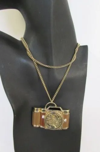 Brown Red Orange Long Rusty Gold Collector Camera Old Fashion Necklace